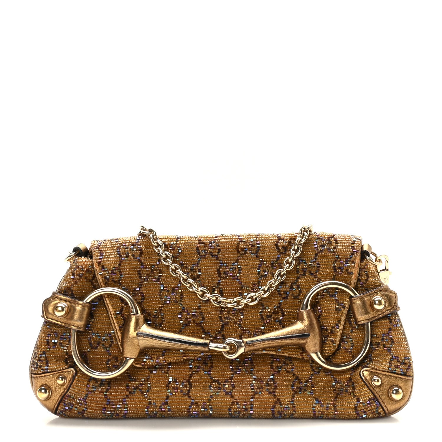 Gucci Monogram Beaded Metallic Calfskin Small Horsebit Chain Clutch Gold 1 of 9