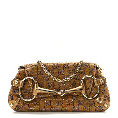 Gucci Monogram Beaded Metallic Calfskin Small Horsebit Chain Clutch Gold 1 of 9