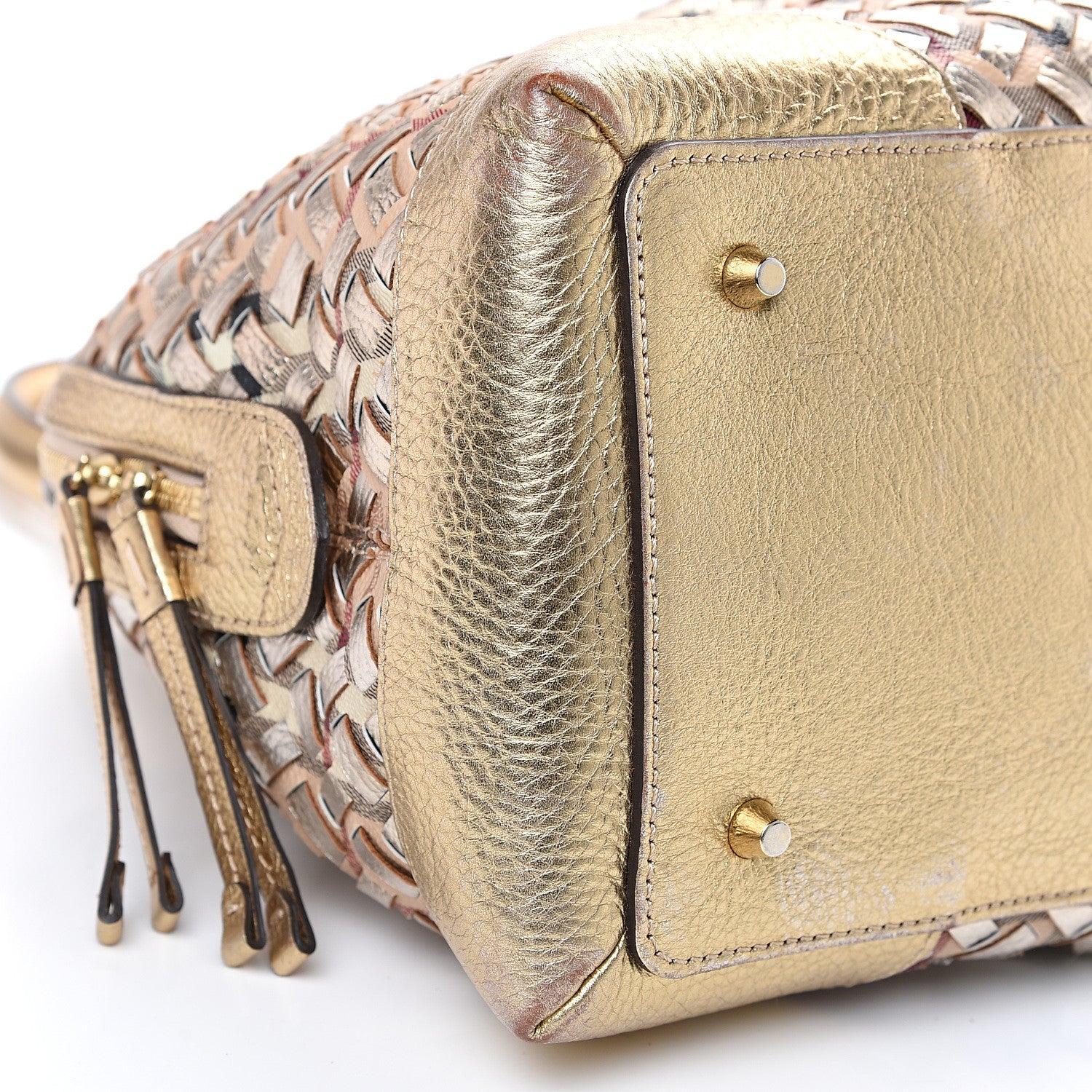 Burberry Metallic Woven Haymarket Check Thornley Satchel Gold 7 of 12