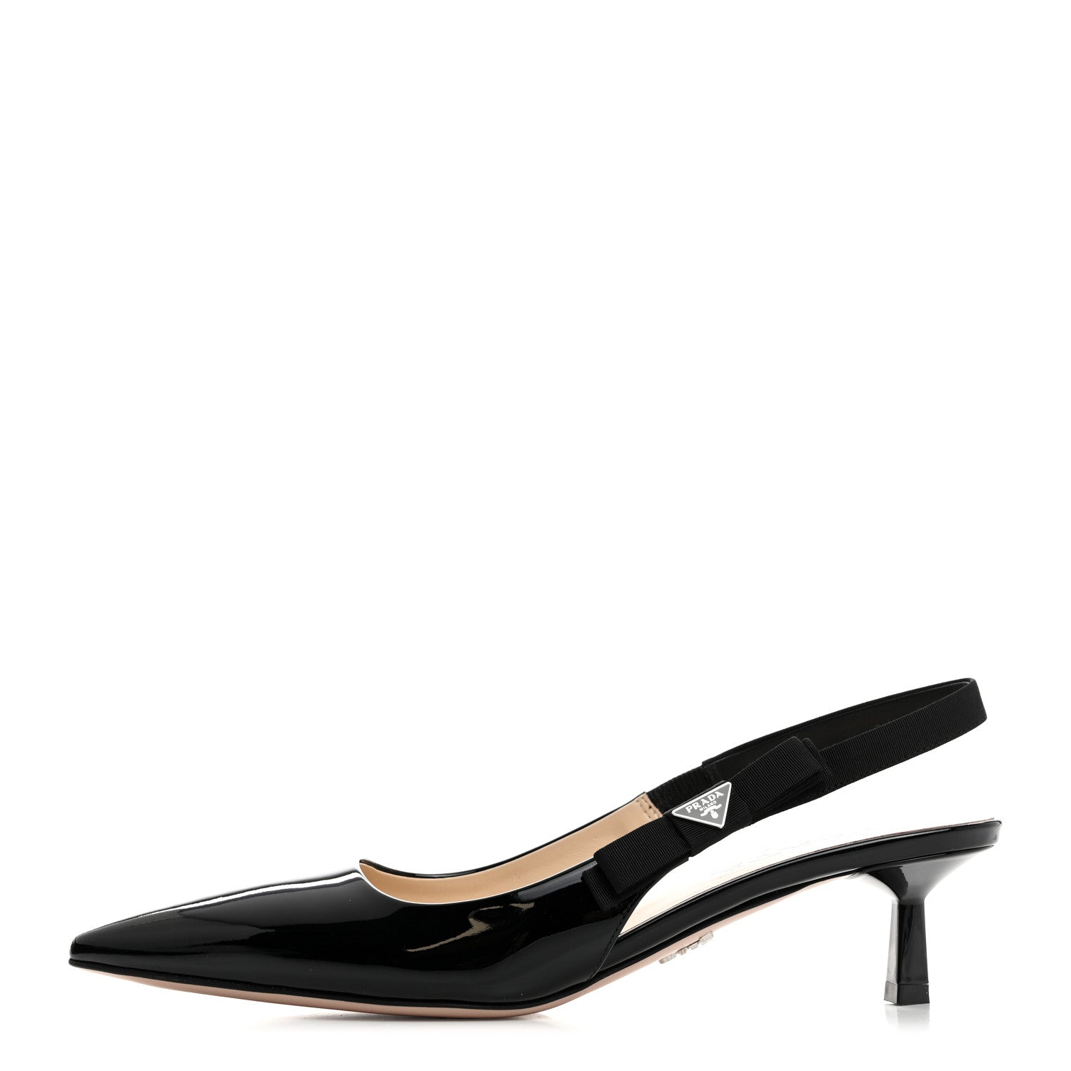 Prada Vernice Metal Triangle Logo Pointed Toe 55mm Slingback Pumps 39 Black 1 of 8