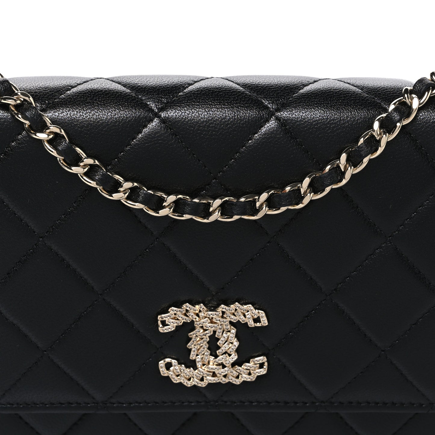 Lambskin Quilted Crystal CC Wallet On Chain WOC Black