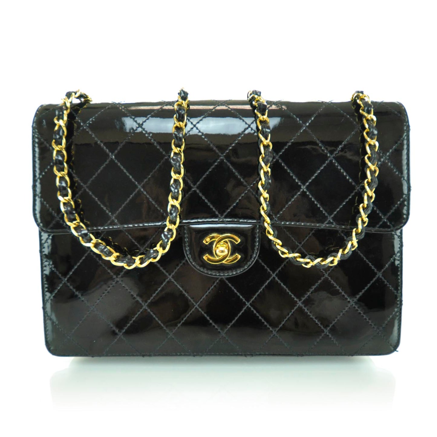 Patent Diamond Stitched Jumbo Flap Black