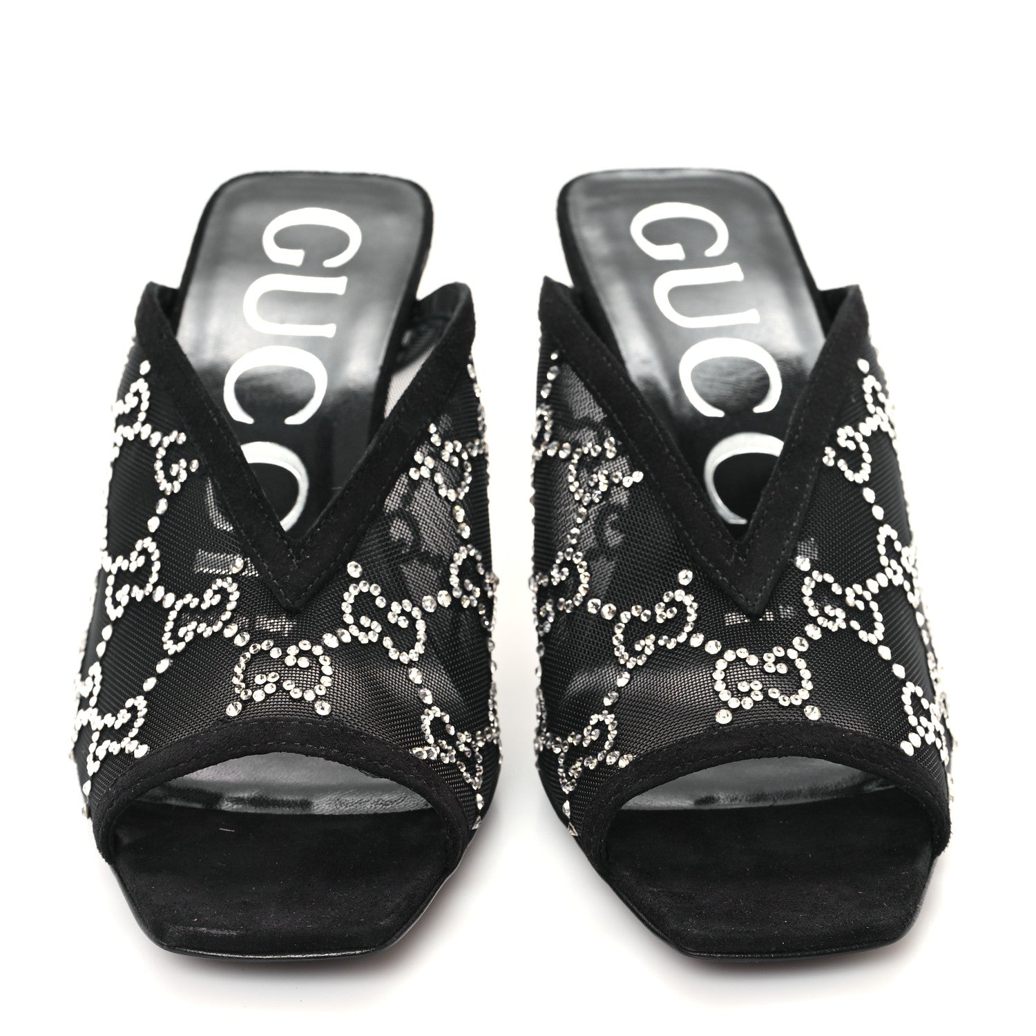 Gucci Tela Retino Kid Scamosciato Crystal GG Monogram Square G 95mm Slide Sandals 35 Black 3 of 9