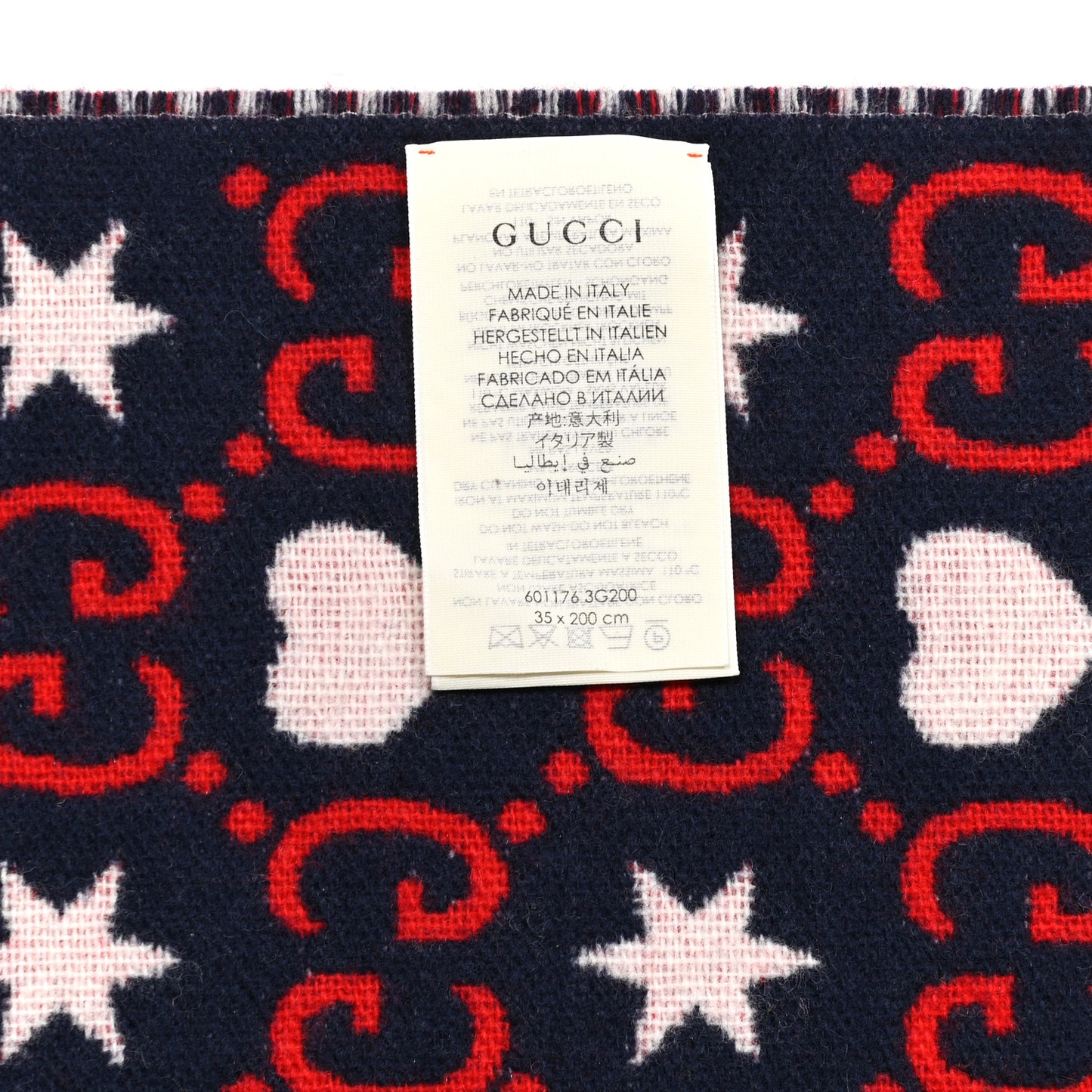 Wool Jacquard GG Monogram Hearts Scarf Red Blue