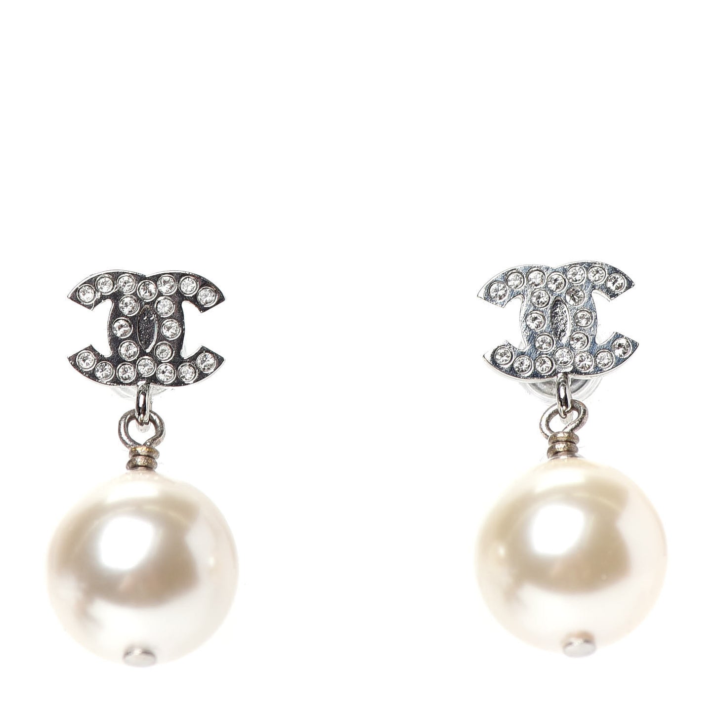 Crystal Pearl CC Drop Earrings Silver Pearly White