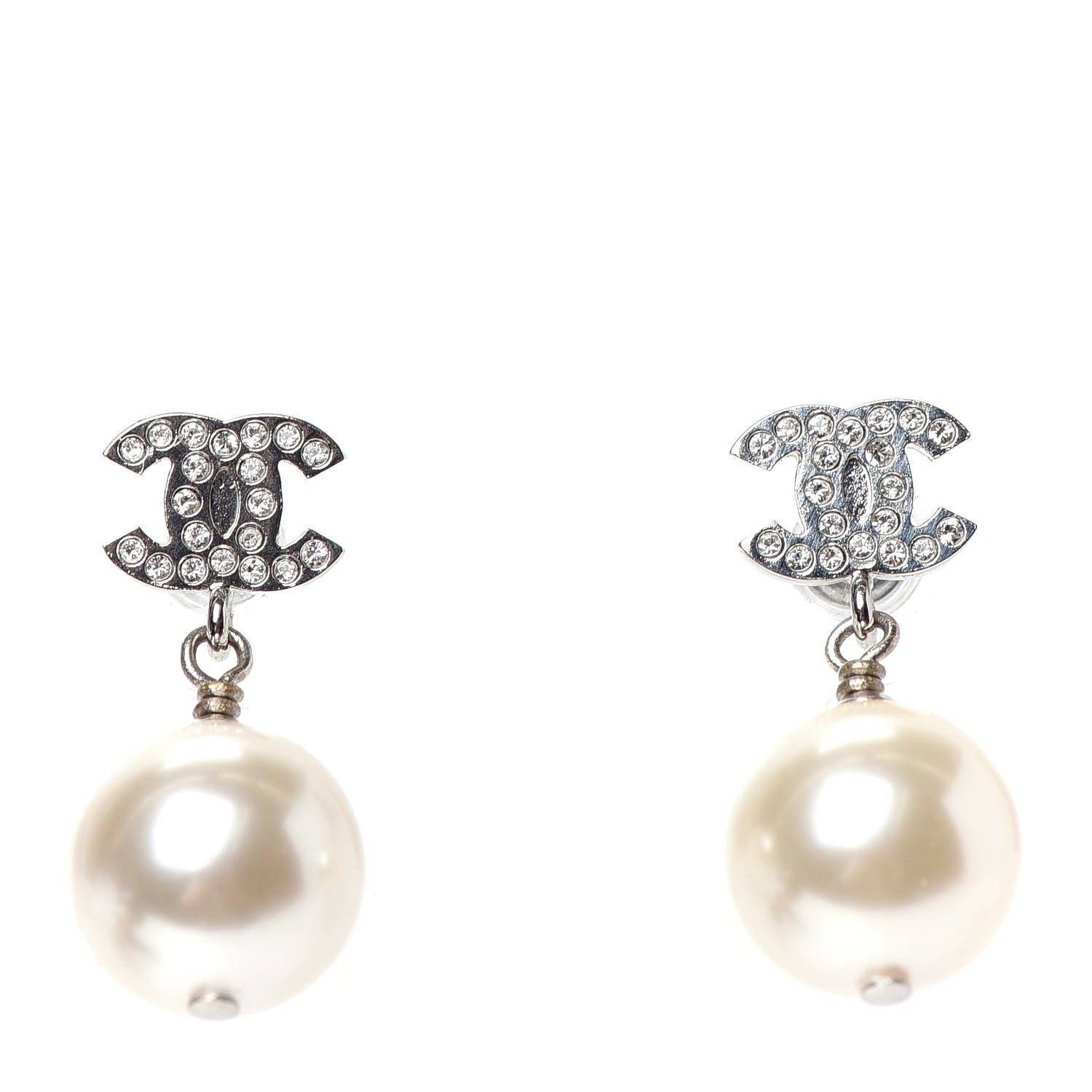 Chanel Crystal Pearl CC Drop Earrings Silver Pearly White 1 of 4
