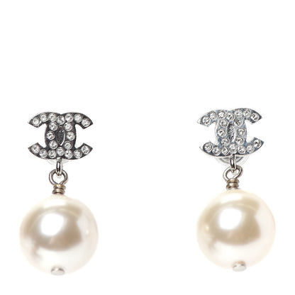 Chanel Crystal Pearl CC Drop Earrings Silver Pearly White 1 of 4
