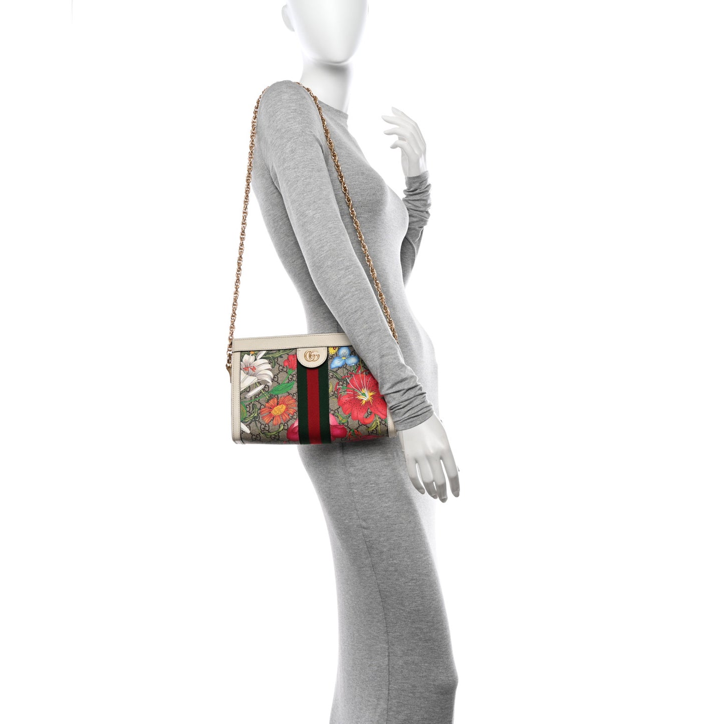 GG Supreme Monogram Flora Web Small Ophidia Chain Shoulder Bag White