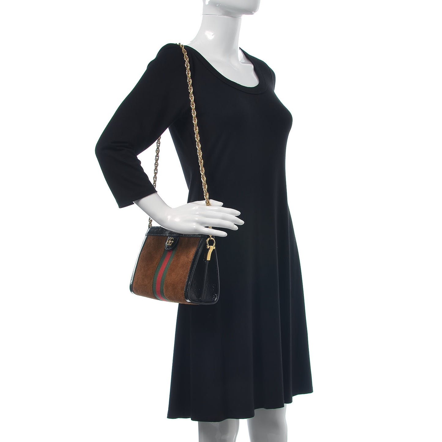 Suede Patent Web Small Ophidia Chain Shoulder Bag Nocciola Black