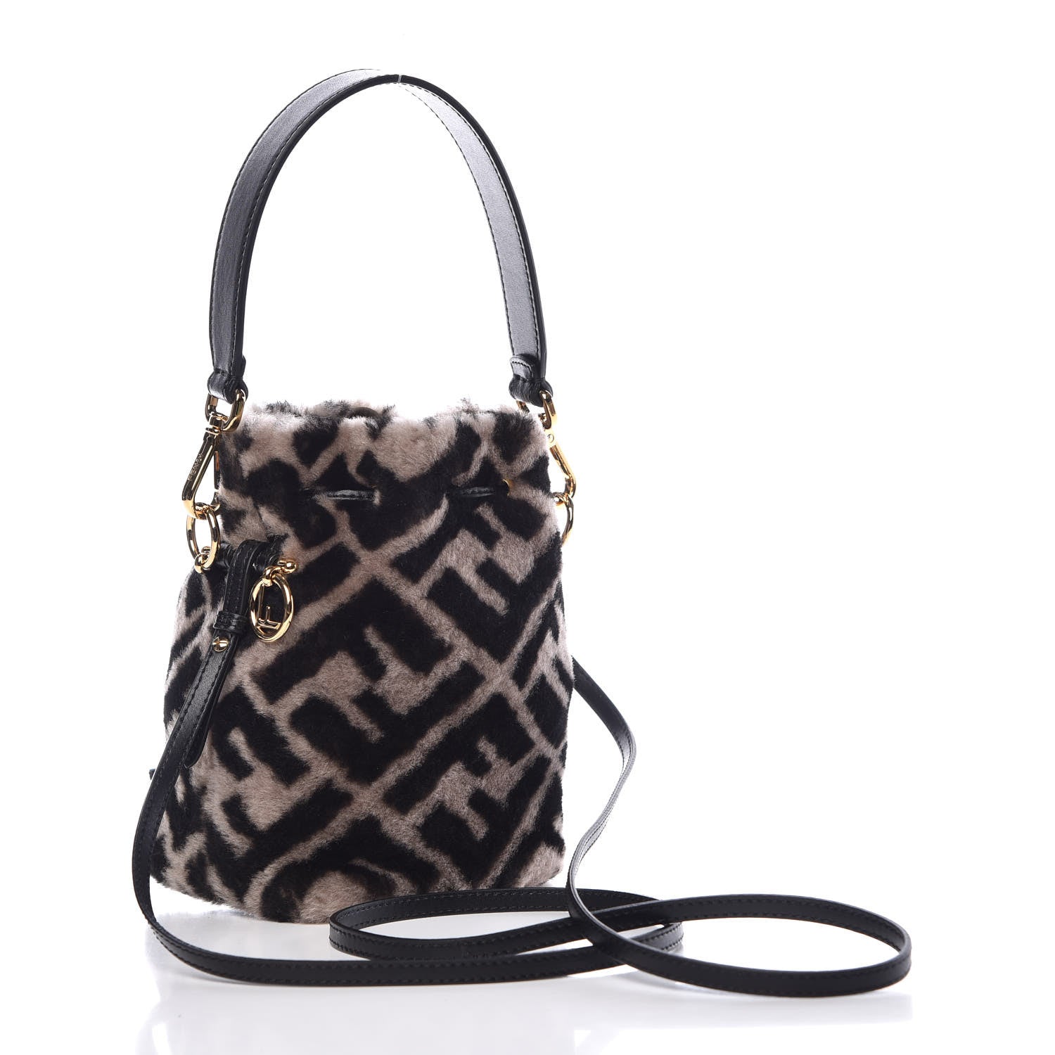 Fendi Shearling F is Macro FF 1974 Diagonal Mini Mon Tresor Bucket Bag Dove Black 4 of 8