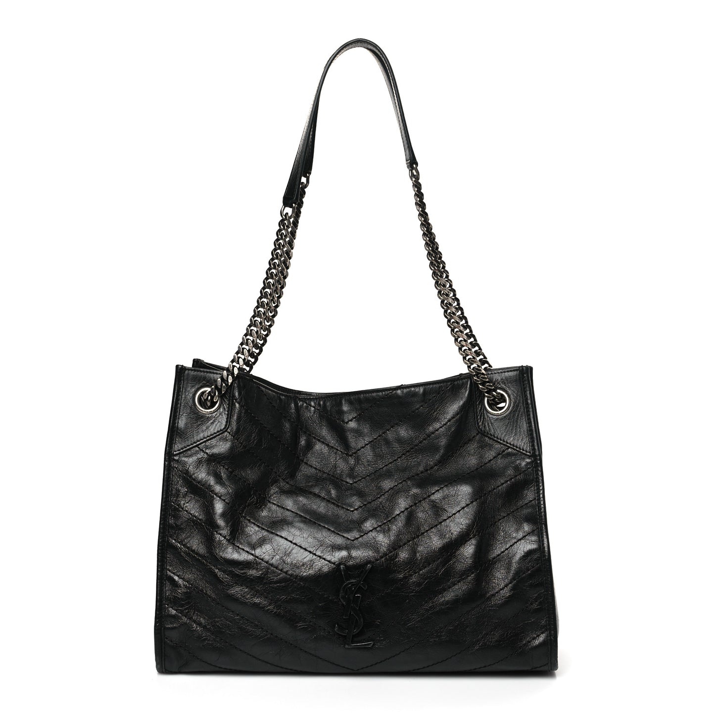 Crinkled Calfskin Matelasse Monogram Medium Niki Shopper Tote Black