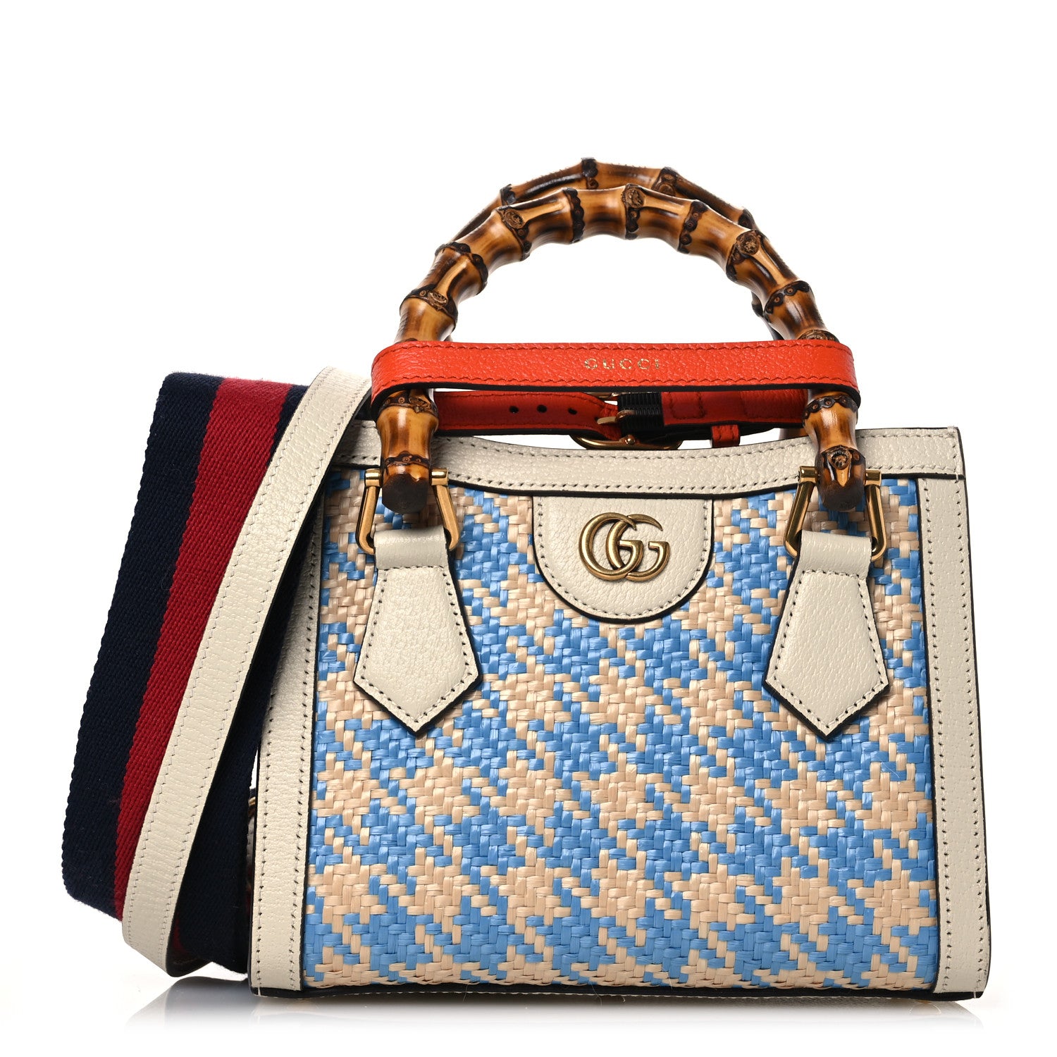 Gucci Raffia Textured Dollar Calfskin Web Houndstooth Mini Diana Tote Bag Light Blue Natural Deep Orange 1 of 15