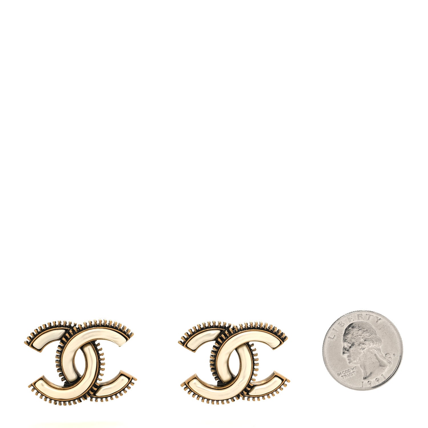 Chanel Metal Enamel CC Earrings Gold White 2 of 5