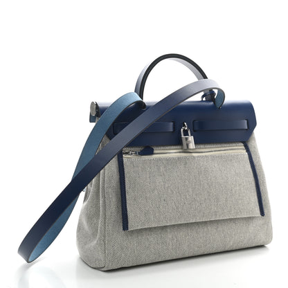 Hermes Vache Hunter Toile H Brides de Gala Herbag Zip Retourne 31 PM Bleu De France Ecru Black 3 of 9