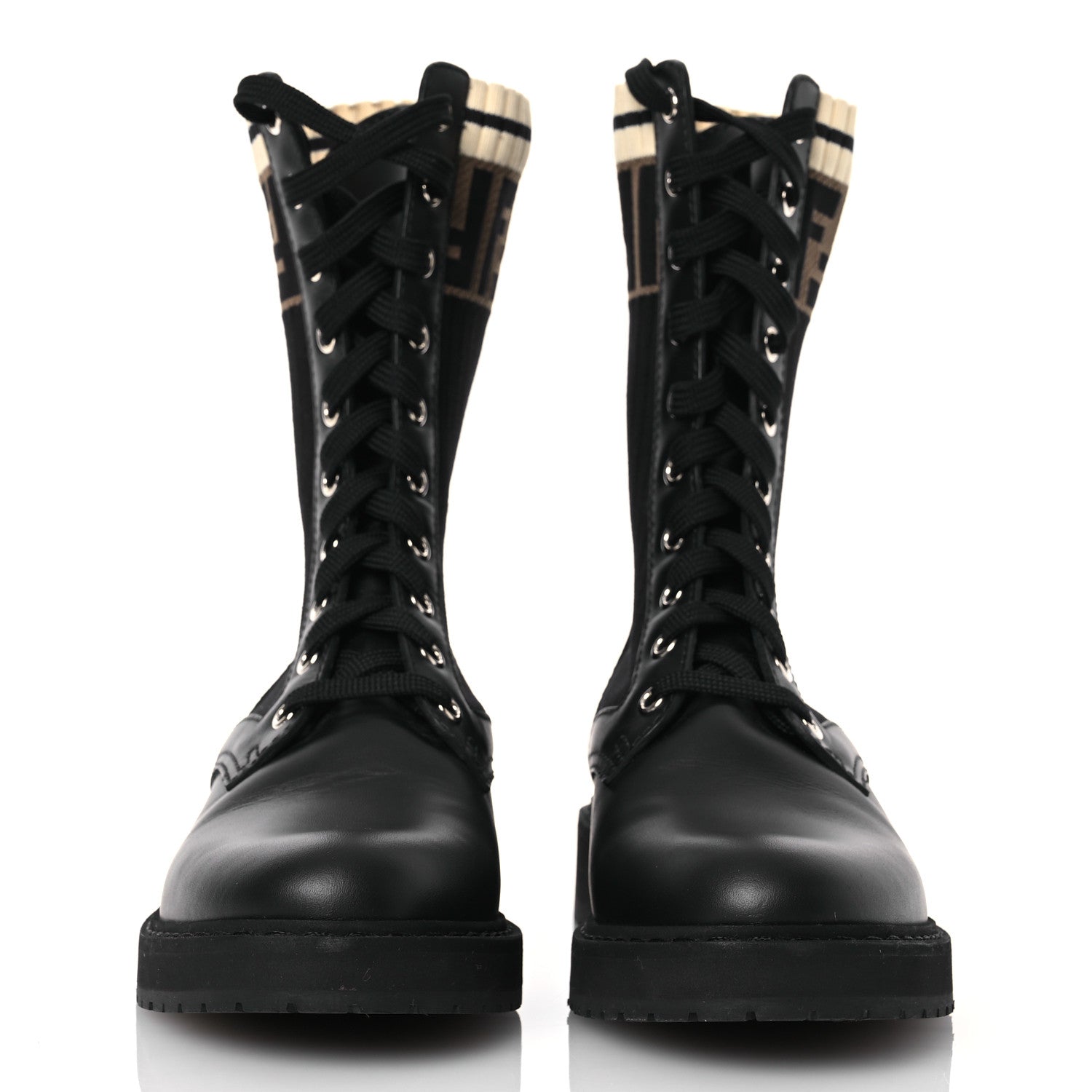 Fendi Calfskin Stretch Fabric Rockoko Biker Boots 36 Tobacco Black Marino 2 of 11