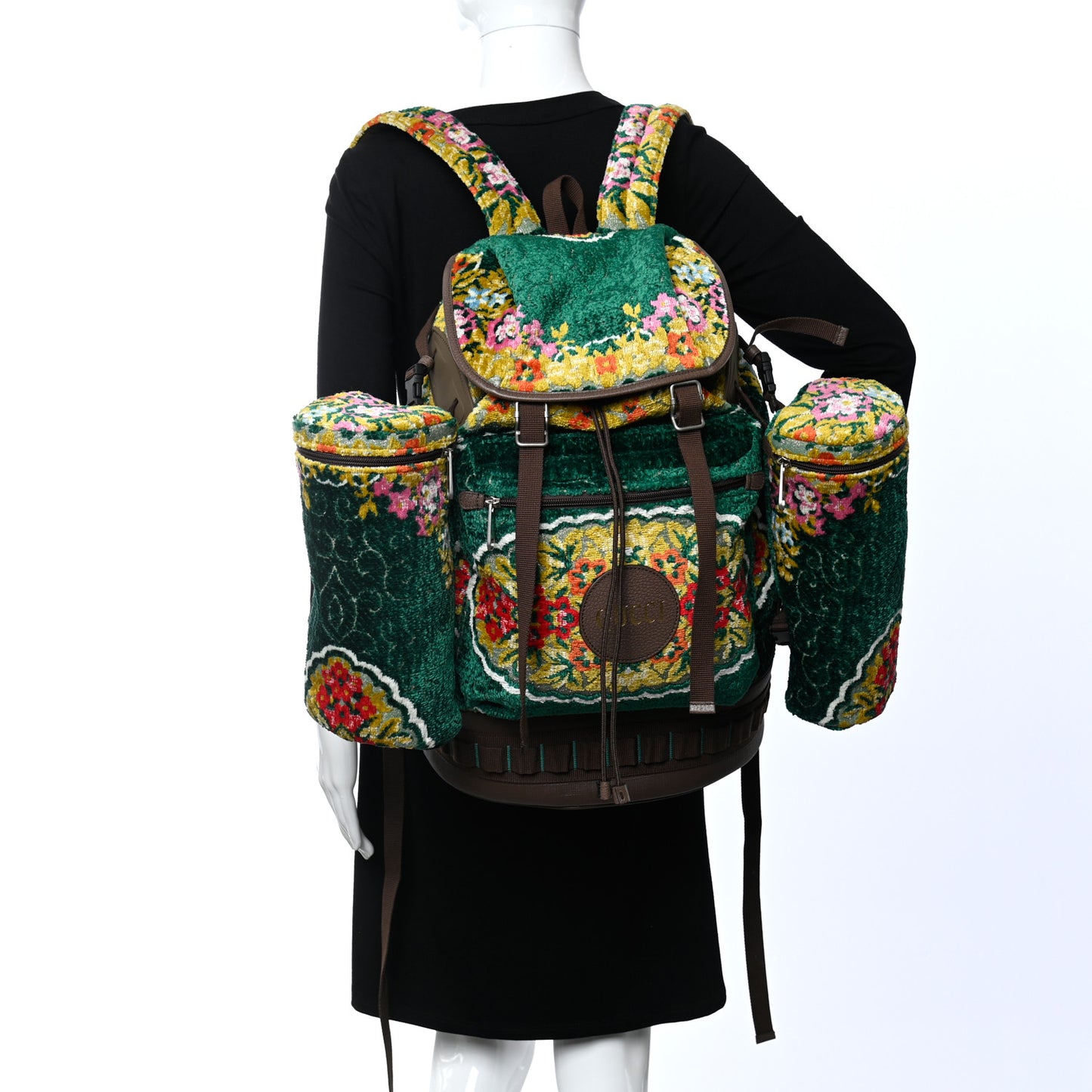 Velvet Jacquard Tapestry Script Logo Large Double Pocket Backpack Green Multicolor