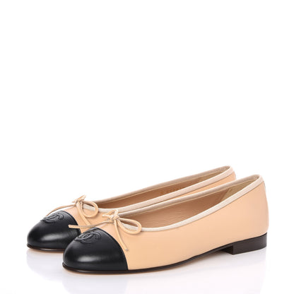 Chanel Lambskin Cap Toe CC Ballerina Flats 36.5 Beige Black 3 of 9