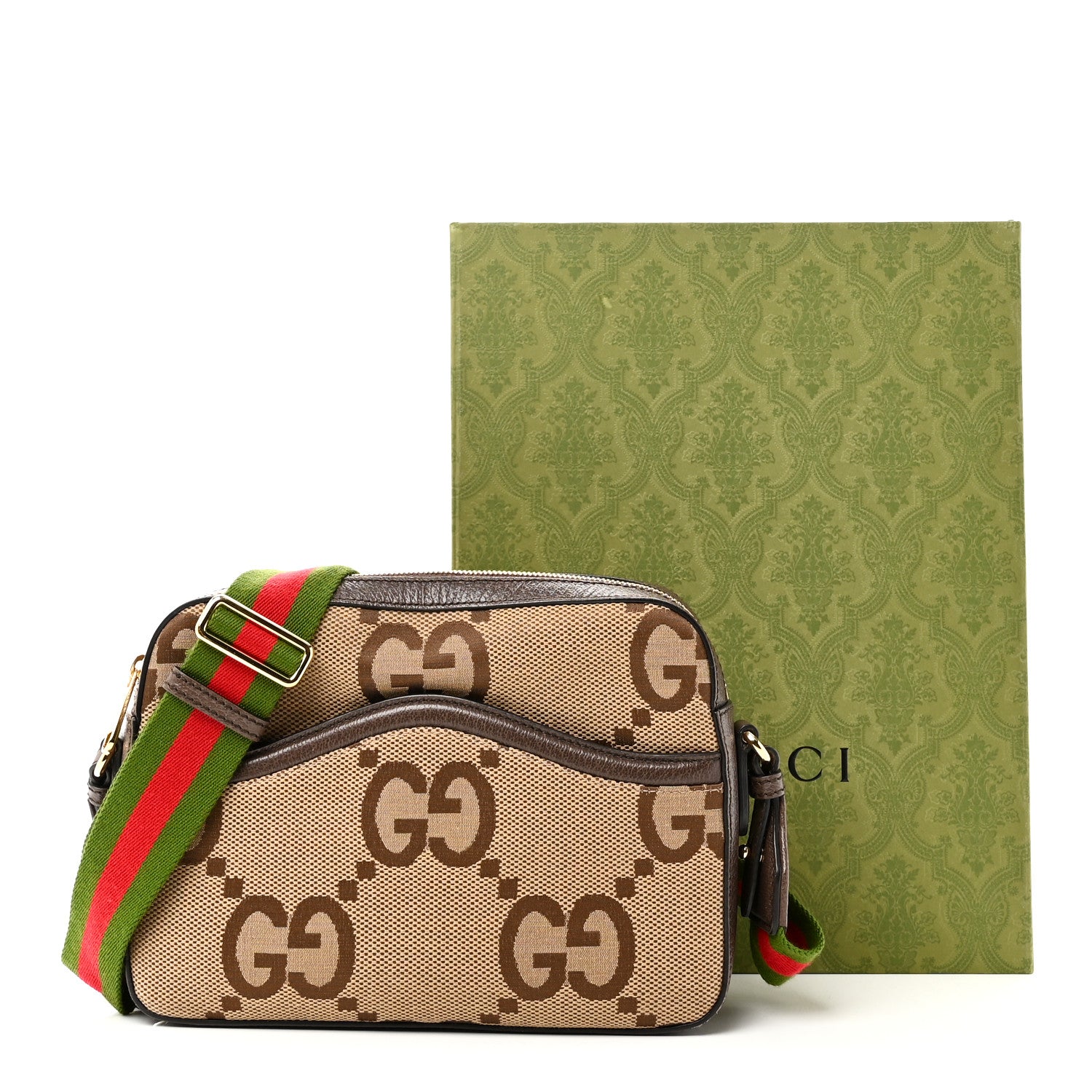 【本日タイムセール】GUCCI GGロゴネルシャツ グリーン/ブラウン Gucci Monogram Jumbo GG Textured Dollar Calfskin Web Messenger