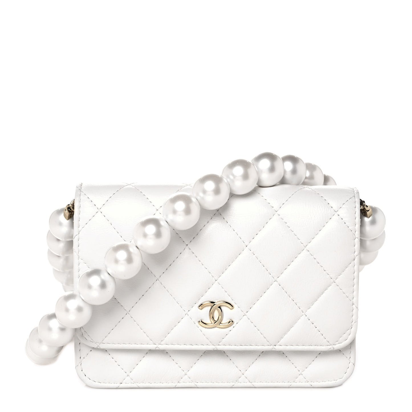 Calfskin Quilted Mini Maxi Pearls Wallet On Chain WOC White
