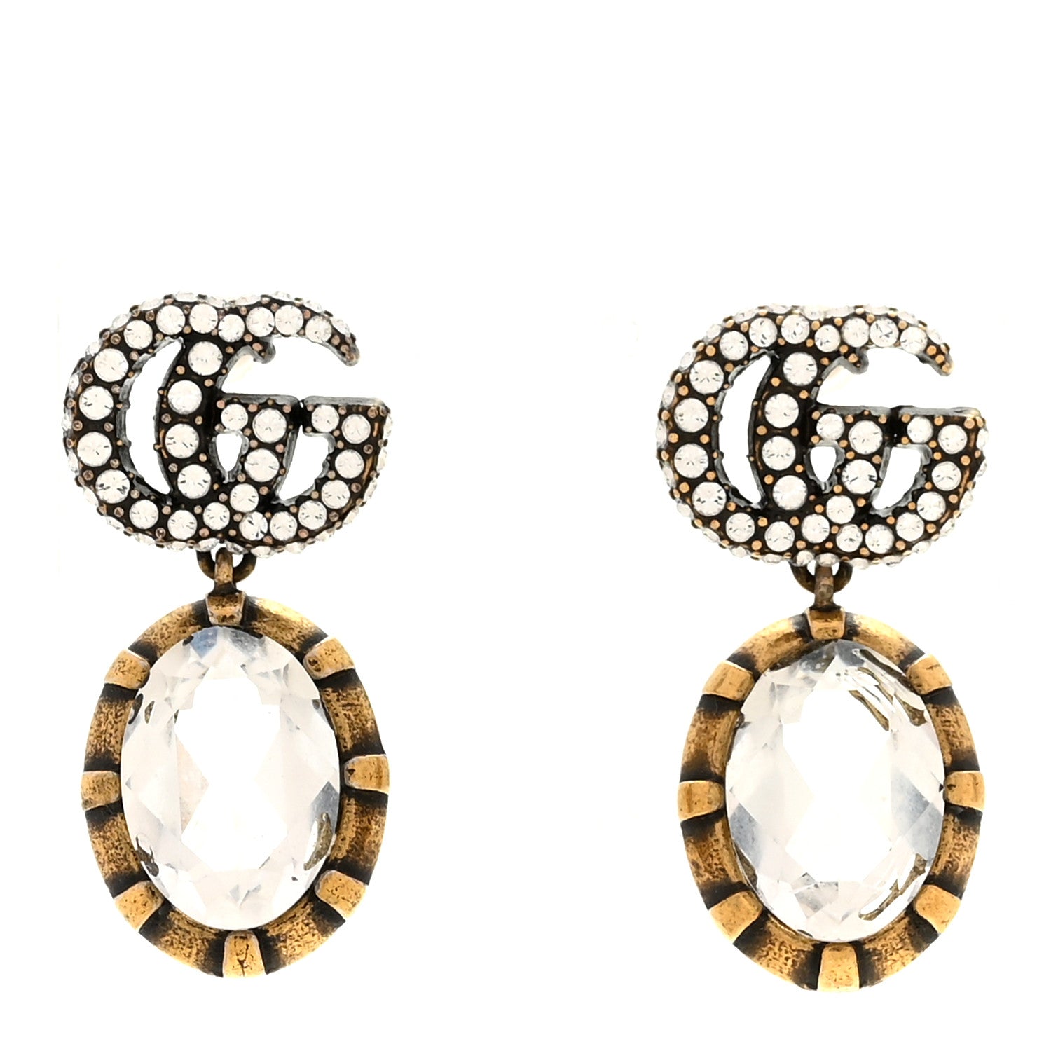 Gucci Metal Crystal Double G Drop Earrings Aged Gold 1 of 4