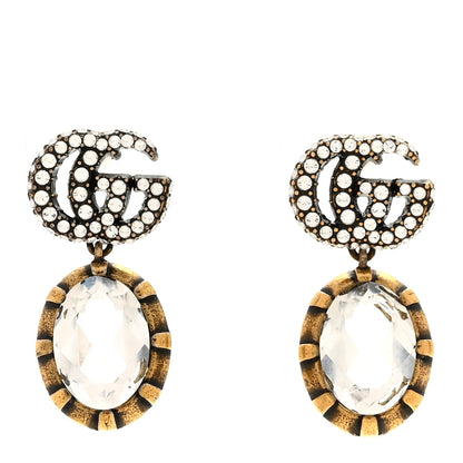 Gucci Metal Crystal Double G Drop Earrings Aged Gold 1 of 4