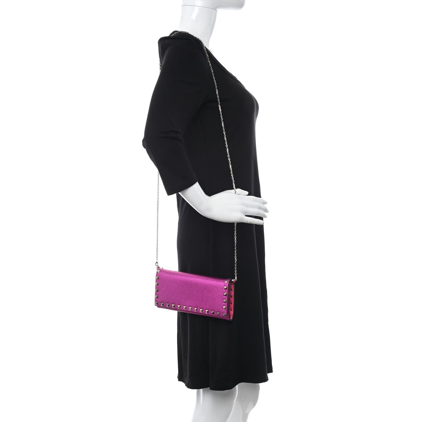 Metallic Pebbled Calfskin Rockstud Flap Wallet On Chain Peony
