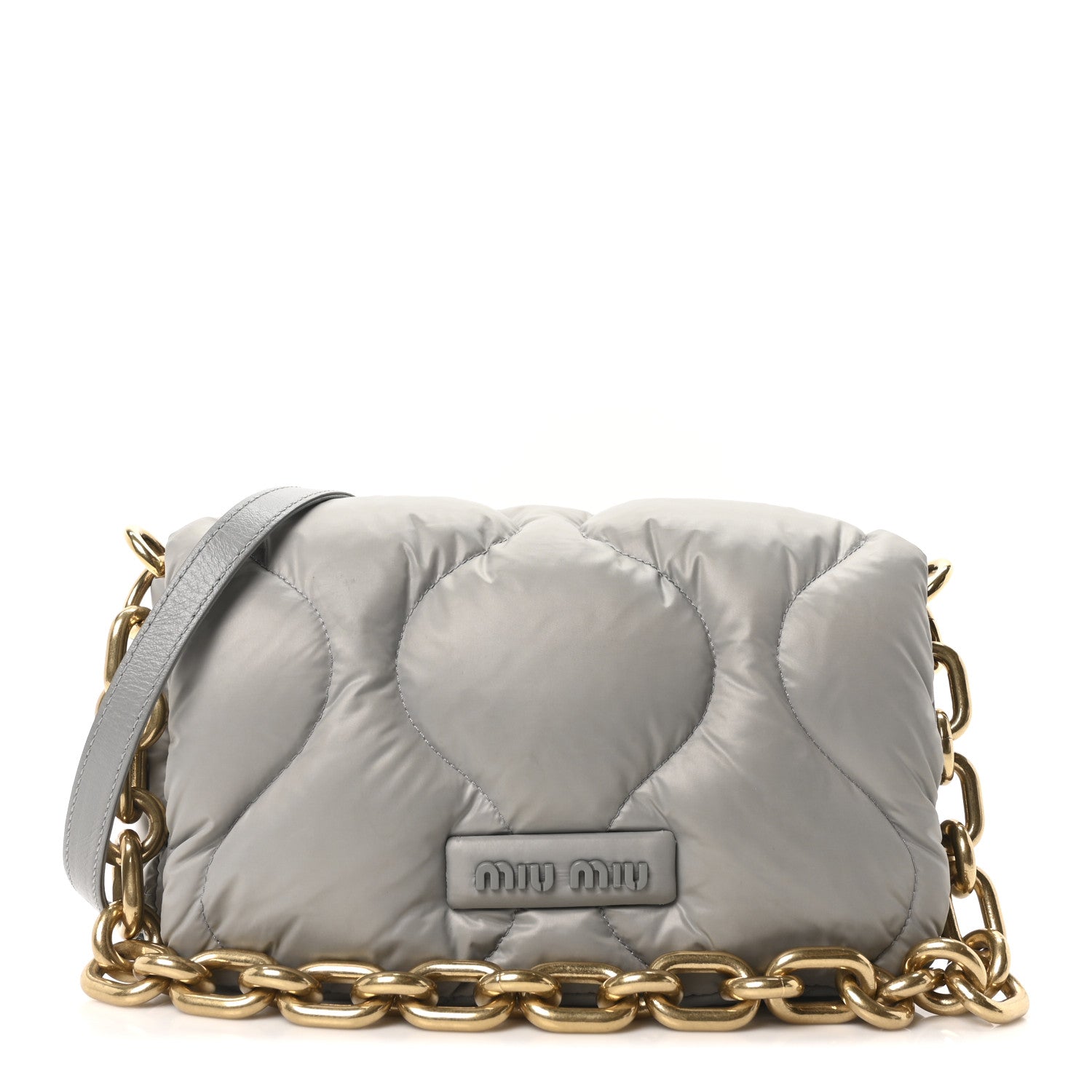 Miu Miu Padded Nylon Quilted Chain Crossbody Flap Bag Grey 1798857