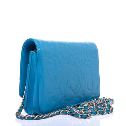 Chanel Lambskin Camellia Embossed Wallet On Chain WOC Turquoise 3 of 12