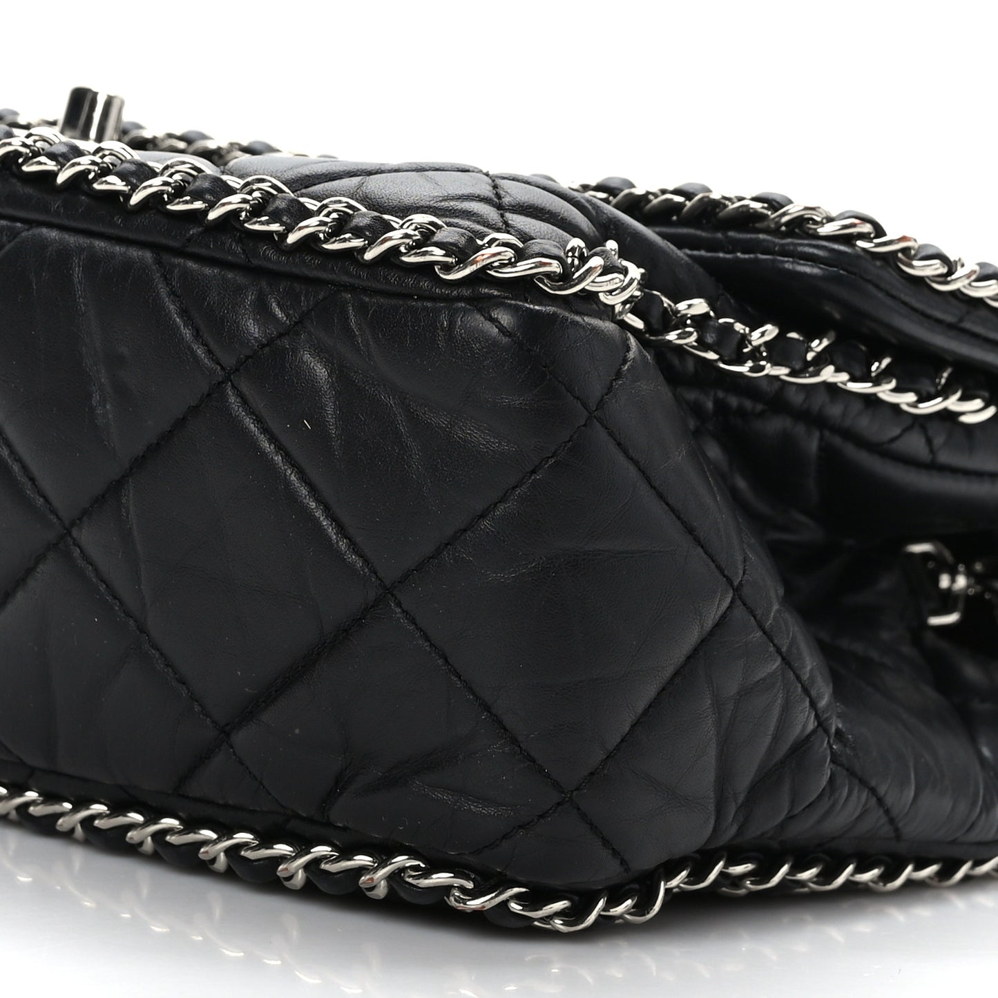 Crumpled Calfskin Medium Chain All Over Flap Black