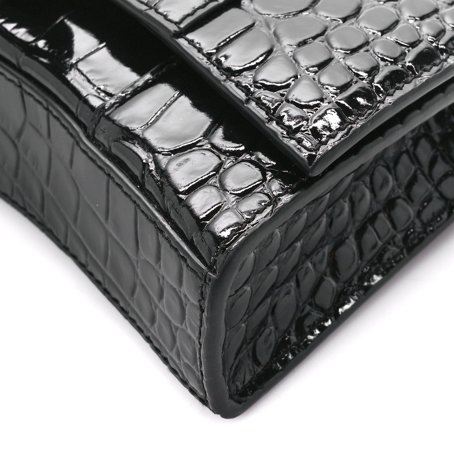 Shiny Calfskin Monochrome Crocodile Embossed Hourglass Chain Bag Black