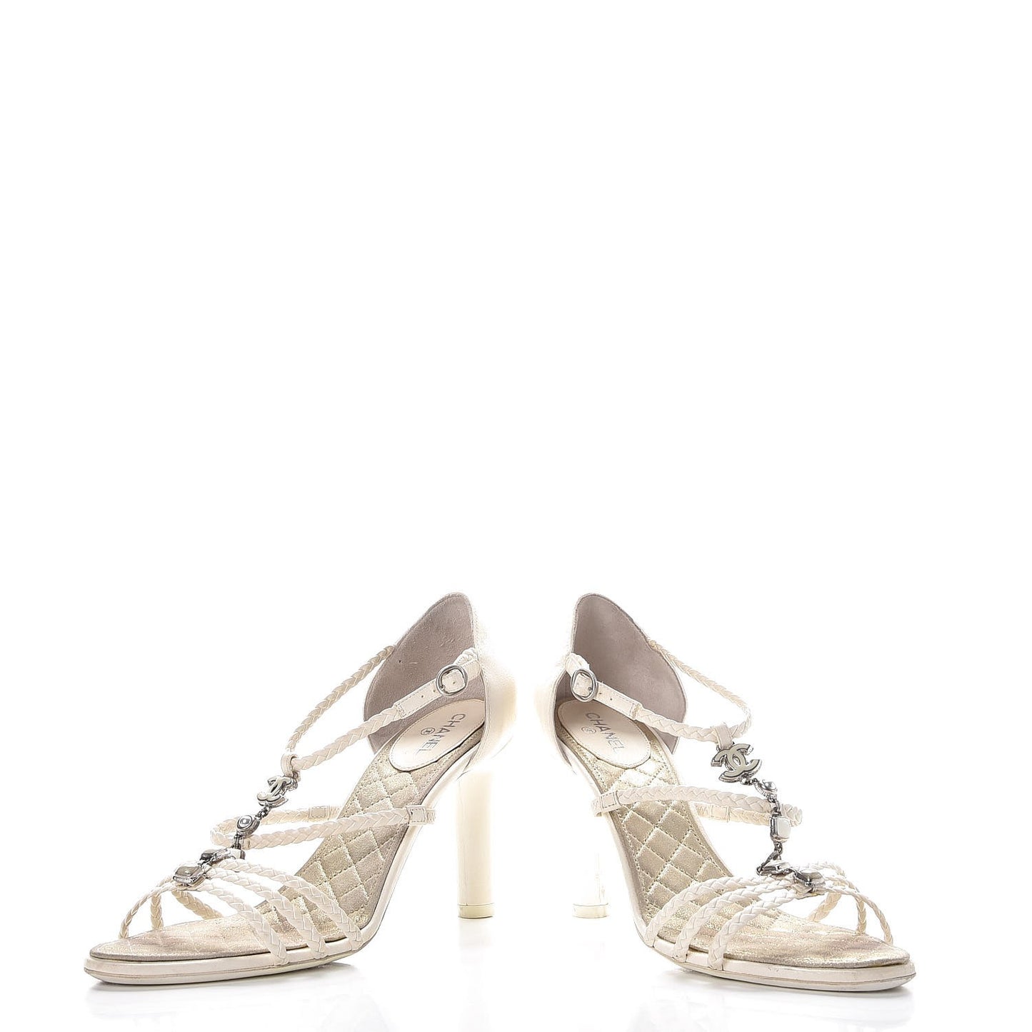 Lambskin Enamel Pearl CC Braided Sandals 39.5 Ivory