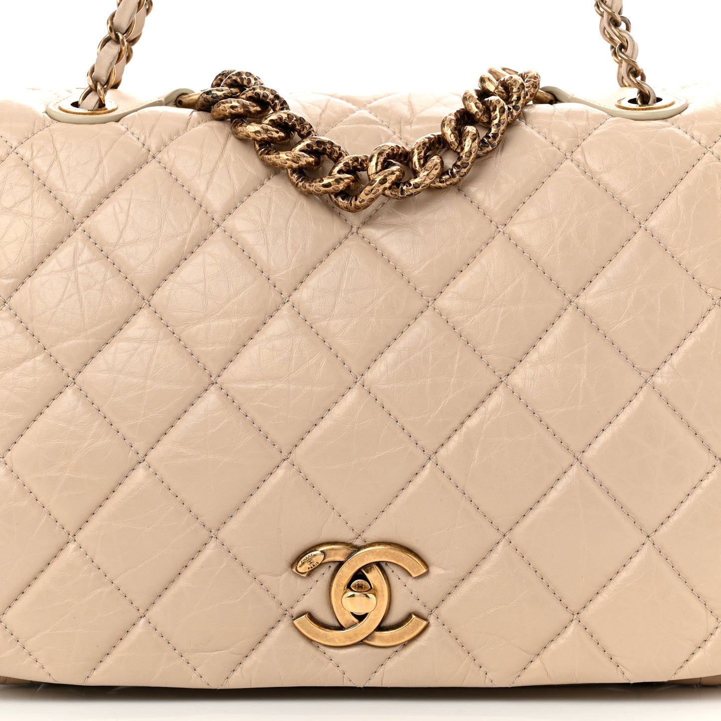 Aged Calfskin Quilted Large Pondichery Flap Beige