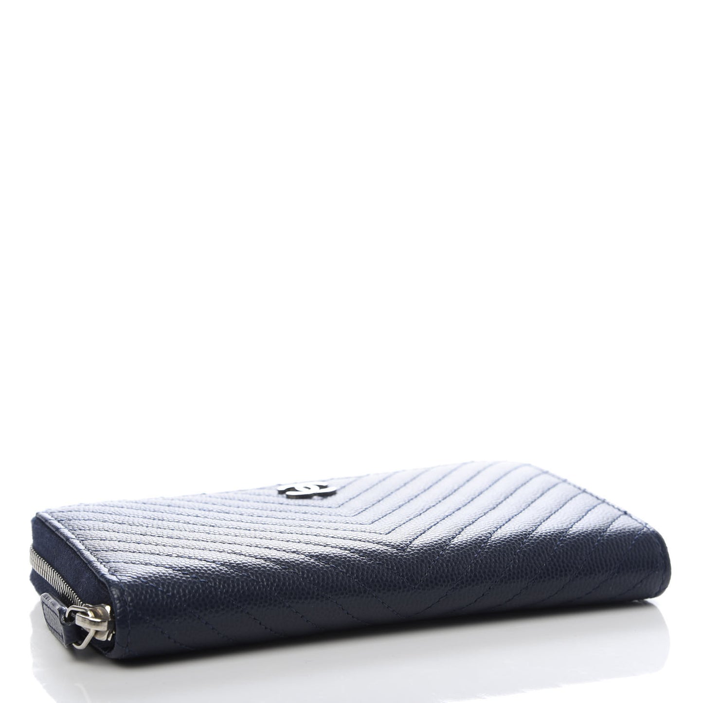 Caviar Chevron Quilted Large Gusset Zip Around Wallet Navy