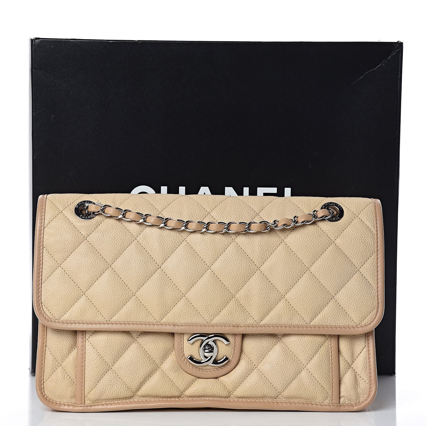Caviar Quilted Large French Riviera Flap Beige