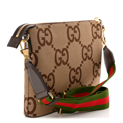 Gucci Monogram Jumbo GG Textured Dollar Calfskin Web Wristlet Messenger Bag  Camel Ebony New Acero 3 of 10