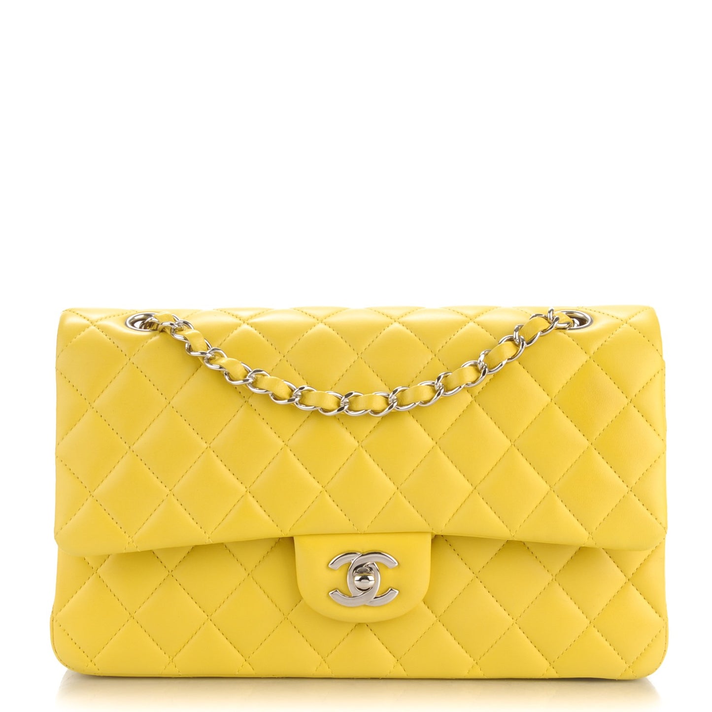 Lambskin Quilted Medium Double Flap Yellow