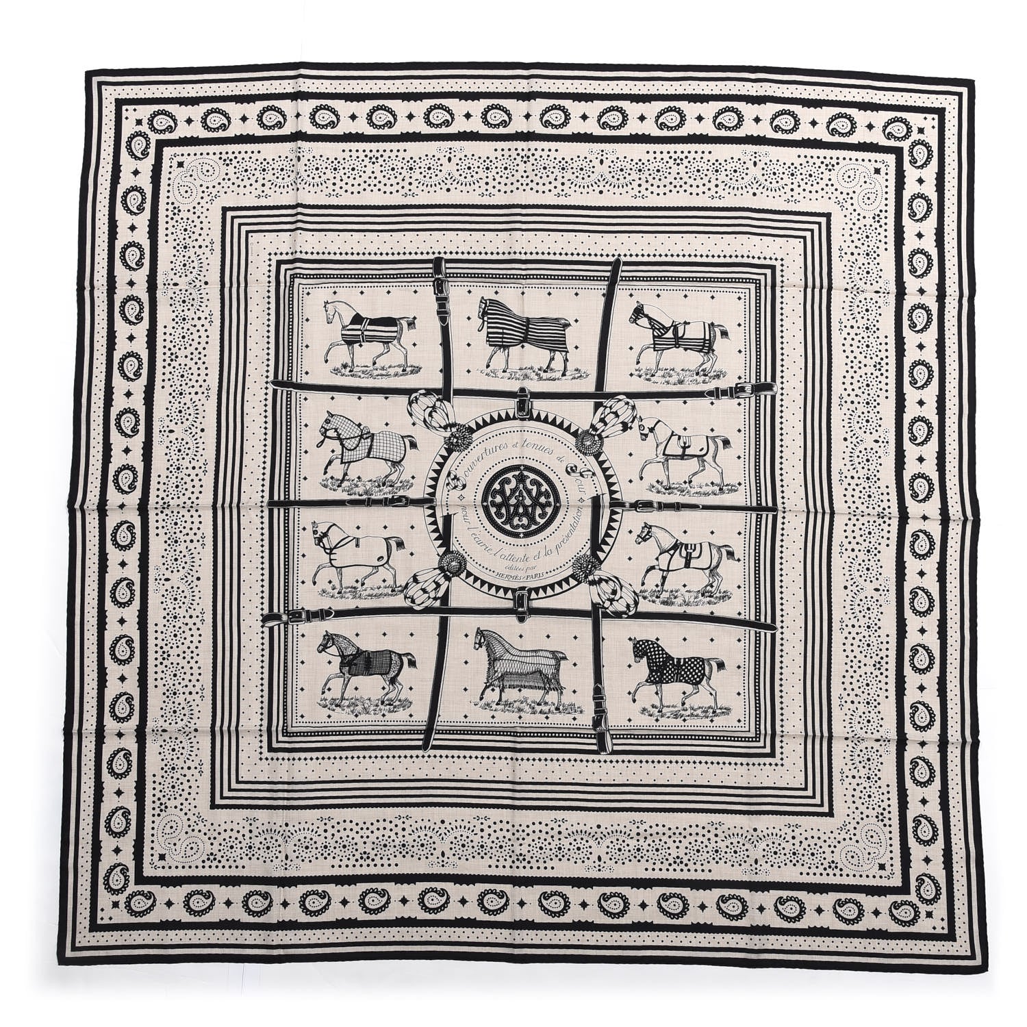 Hermes Silk Cashmere Couvertures Et Tenues de Jour Bandana Shawl 140 Natural Black 1 of 4
