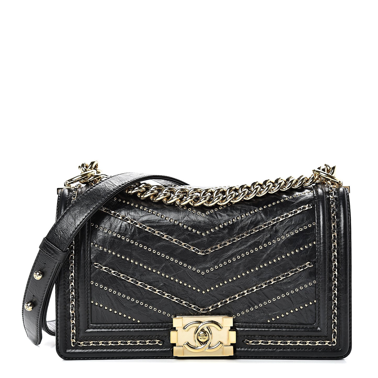 Crumpled Calfskin Chevron Chain Medium Boy Flap Black