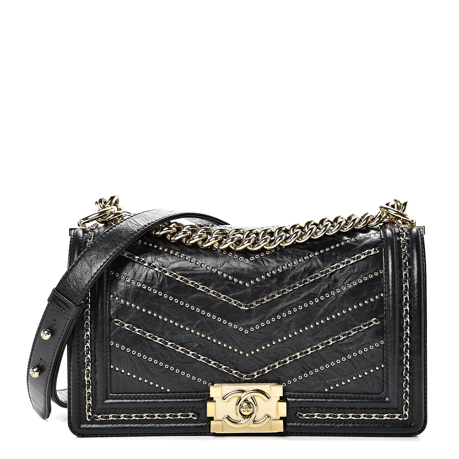Chanel Crumpled Calfskin Chevron Chain Medium Boy Flap Black 1 of 11
