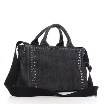 Prada Denim Crystal Studded Canapa Tote Black 3 of 9