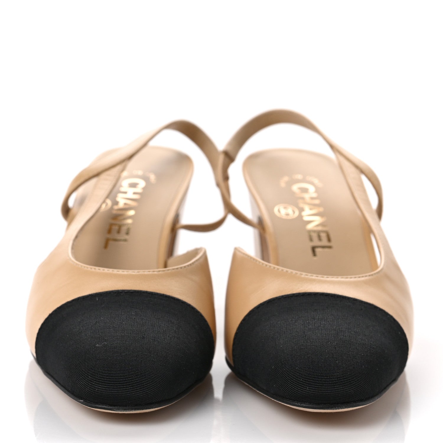 Chanel Goatskin Grosgrain Cap Toe CC Slingback Pumps 35.5 Beige Black 2 of 9