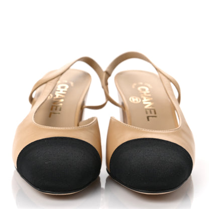 Chanel Goatskin Grosgrain Cap Toe CC Slingback Pumps 35.5 Beige Black 2 of 9