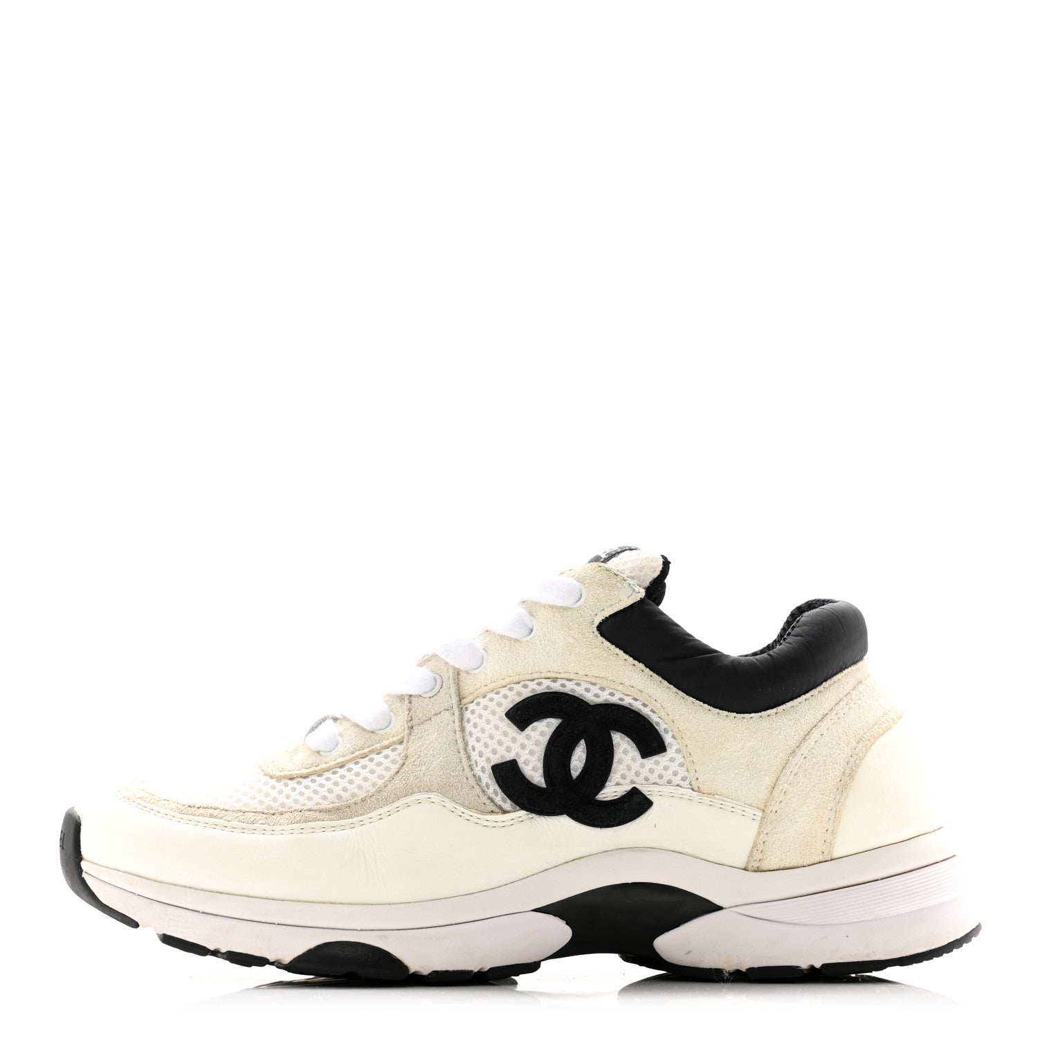 Chanel Mesh Suede Calfskin Grained Calfskin Womens CC Sneakers 37 White Black 1 of 10