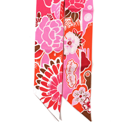 Hermes Silk Bingata Twilly Fuchsia Corail Brun 2 of 3