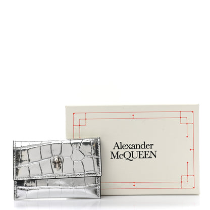 Alexander McQueen Metallic Calfskin Crocodile Embossed Skull Card Case Silver 8 of 8