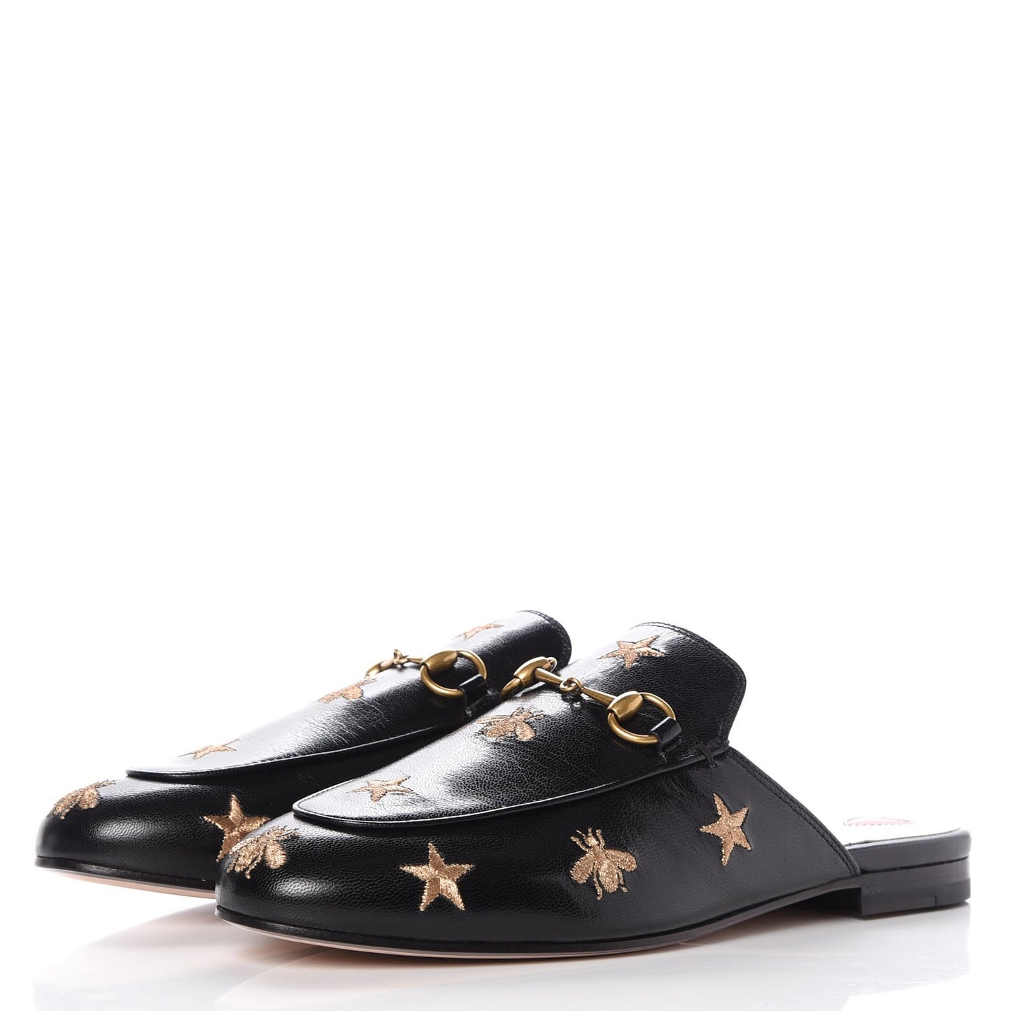 Goatskin Bee Star Embroidered Womens Princetown Slippers 38.5 Black