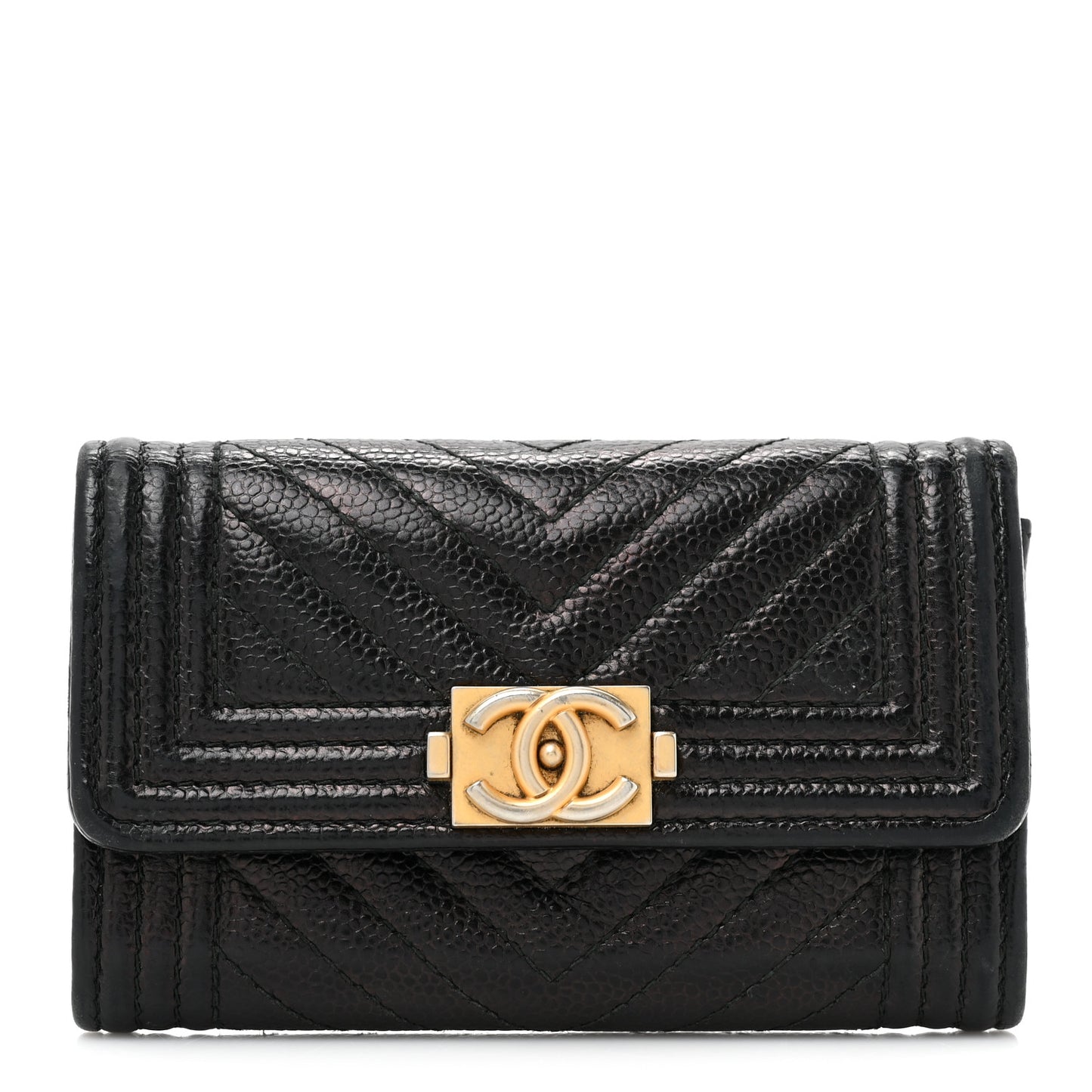 Caviar Chevron Quilted Boy Flap Card Holder Black