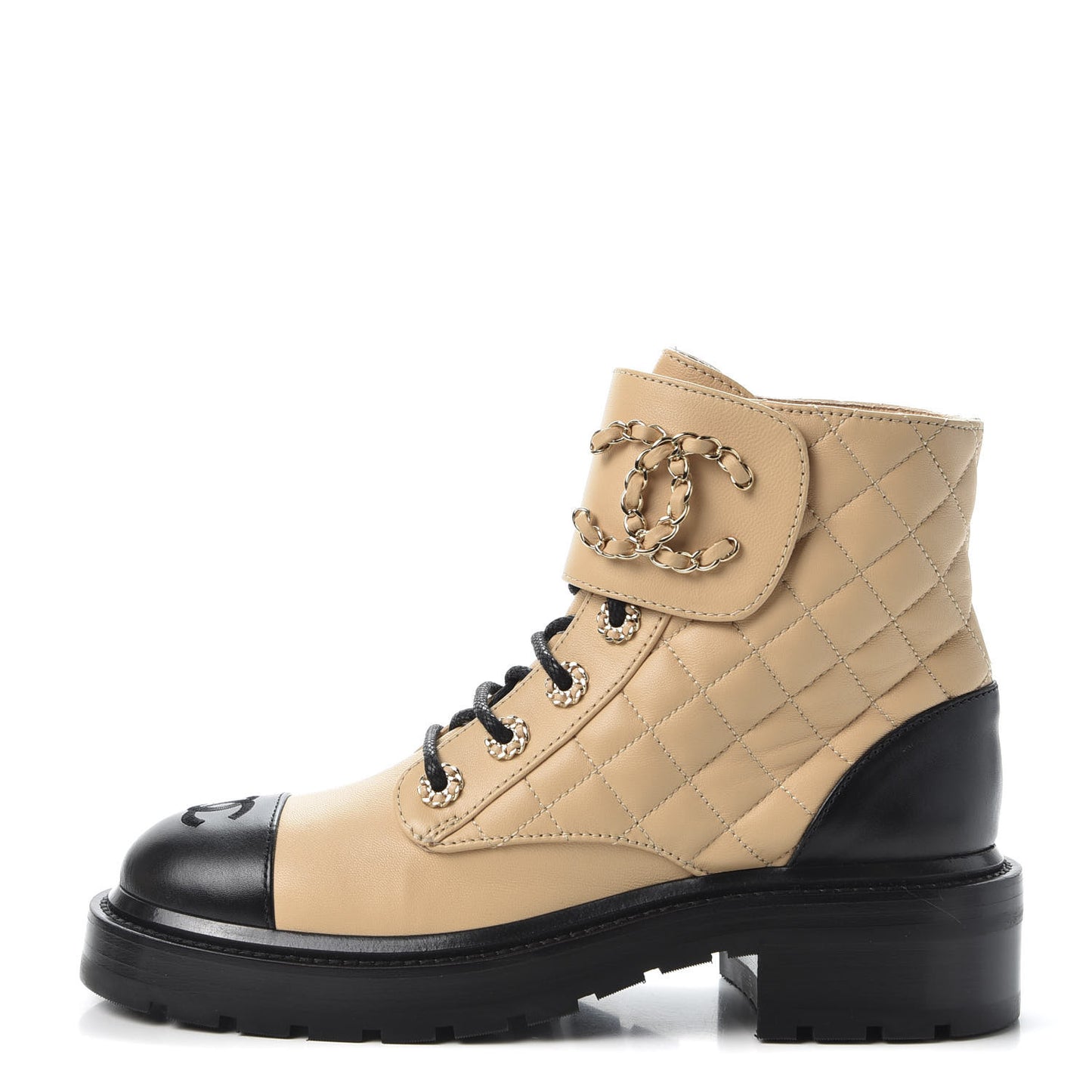 Lambskin Calfskin Quilted Lace Up Combat Boots 36.5 Beige Black