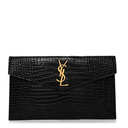 Saint Laurent Calfskin Crocodile Embossed Uptown Monogram Pouch Black 1 of 7