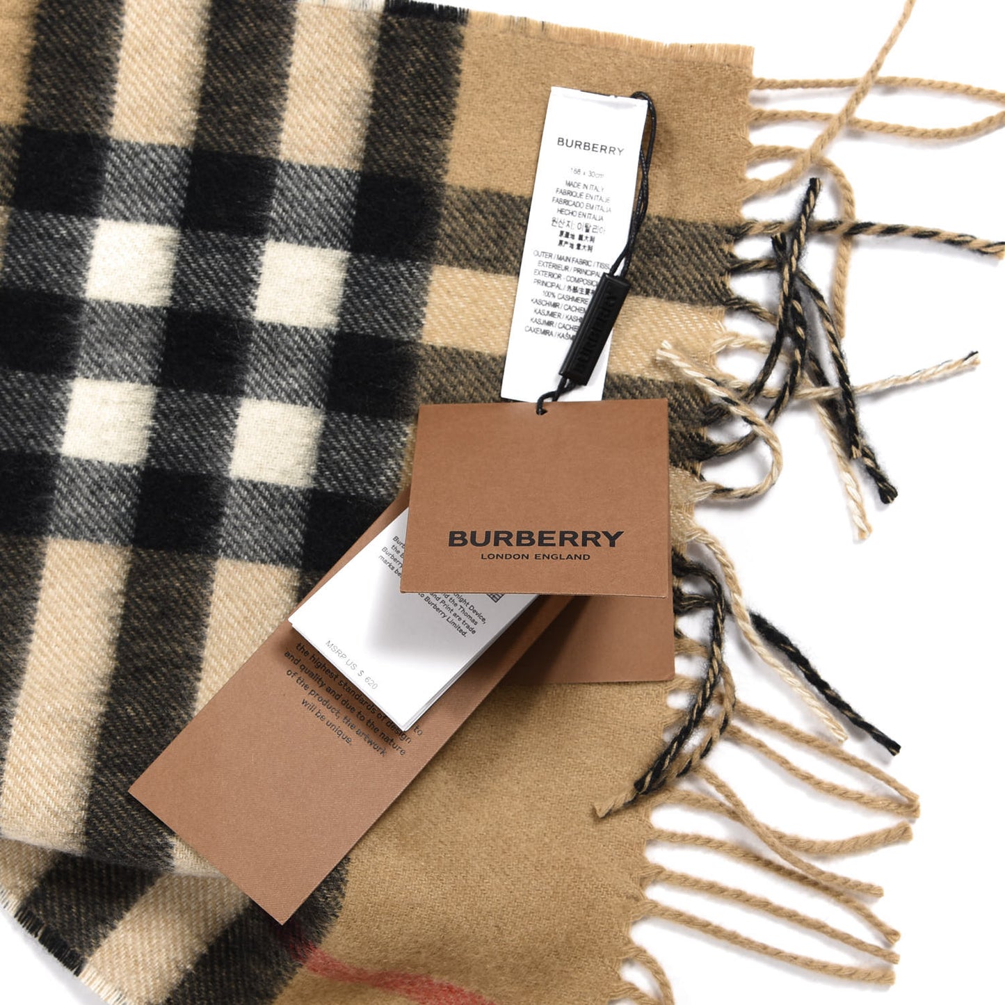 Cashmere Giant Check Monogram Reversible Fringe Scarf Archive Beige